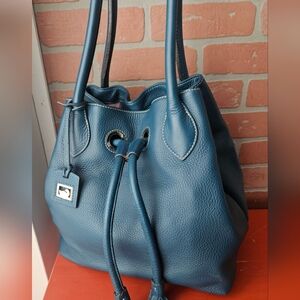Elegant Blue Leather Drawstring Bag